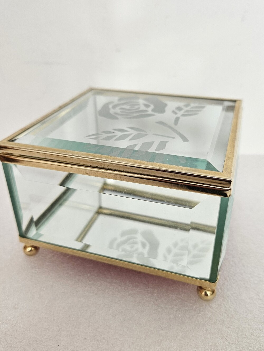 Glass Jewelry Trinket Box with Etched Rose and Gold Trim
